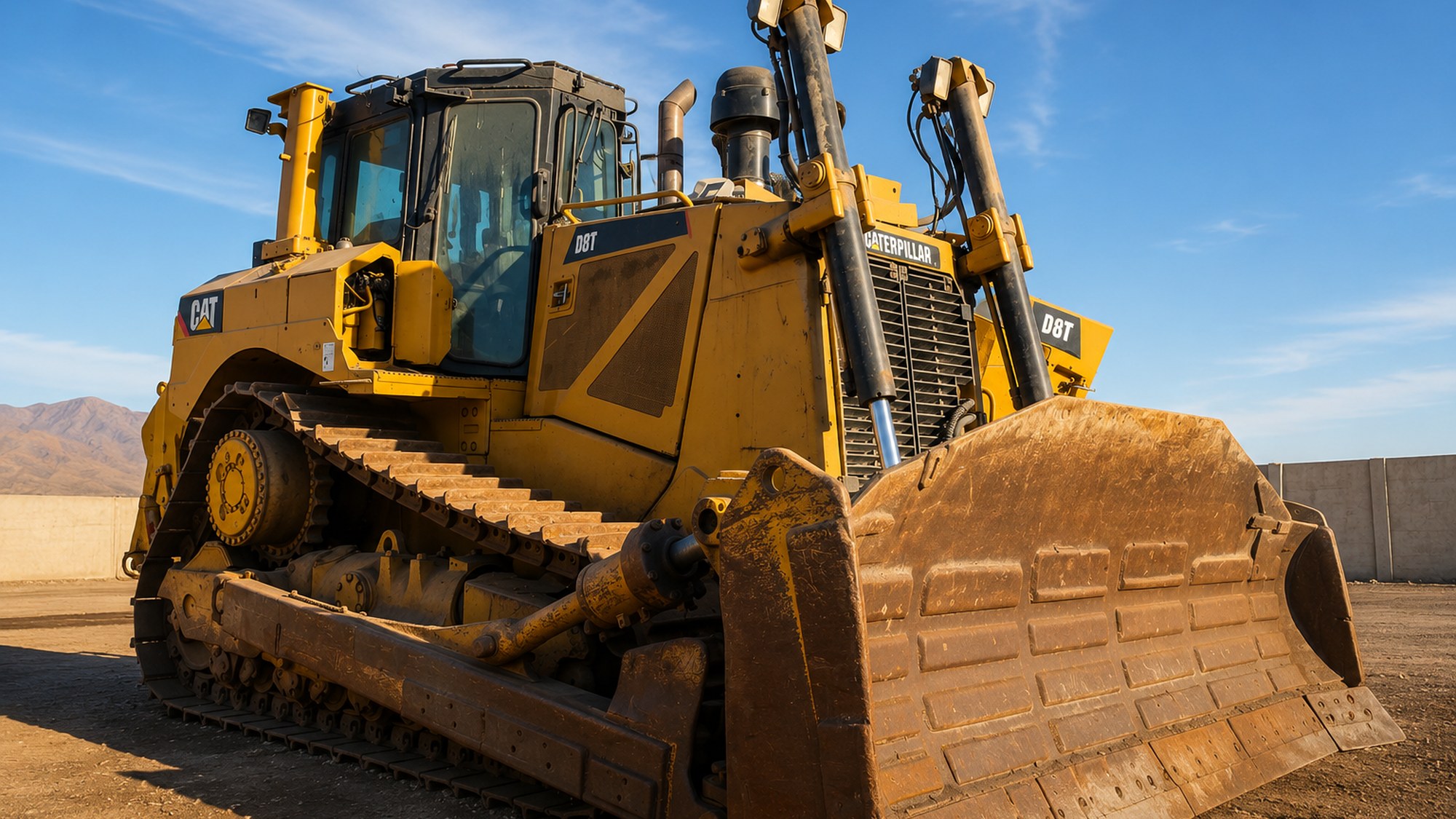 Bulldozer Caterpillar D8T con hoja topadora en el patio de DESARMAQ